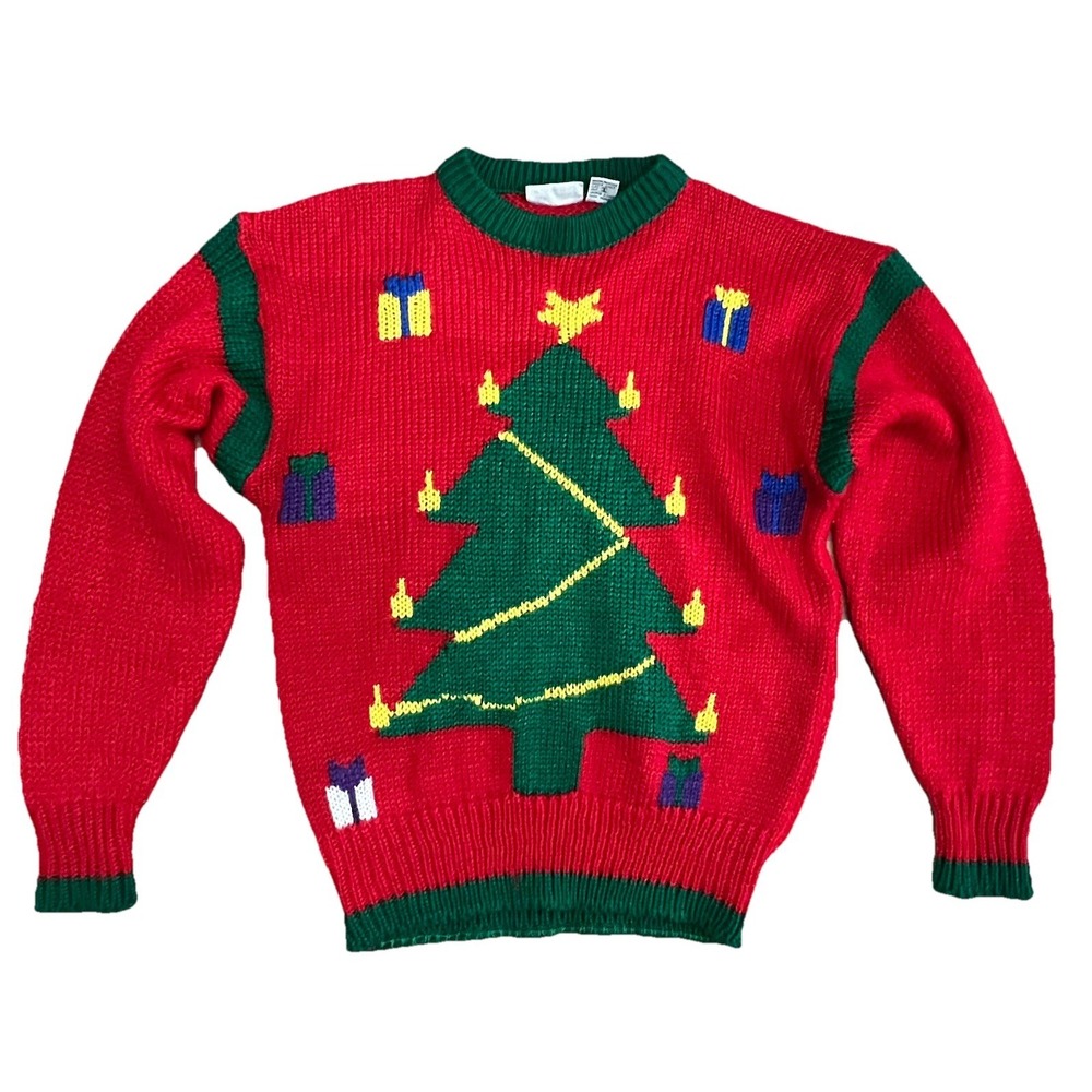 Vtg 80's NUTCRACKER Red CHRISTMAS TREE Gemstone Knit Holiday Party Ugly Sweater
